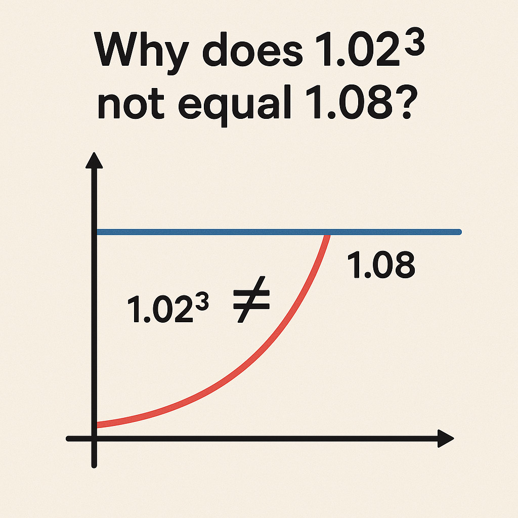 Why does 1.02³ not equal 1.08? What is the shortcut to finding the correct answer?